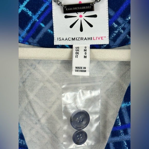 Isaac Mizrahi Live Soft Jersey Blue Plaid Geometric Design Blazer Small - Picture 3 of 9